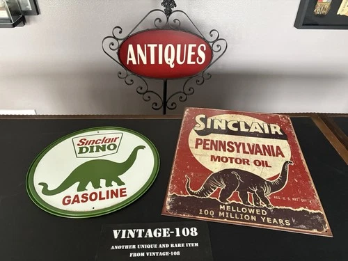 Sinclair Pennsylvania Motor Oil Metal Sign Lot/2 w/Round Dino Sign Vintage Style