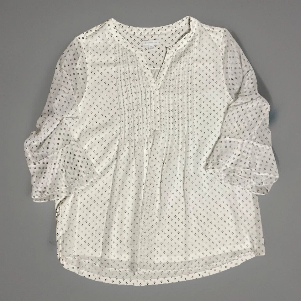 Charter Club Plus Sz XXL White/Blk Polka Dot Pintuck Blouse Sheer Bell Sleeves - Image 2 of 4