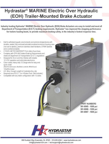 Hydrastar Marine Grade EOH Trailer Brake Actuator 1,600 PSI for Disc Brakes - Foto 2 di 3