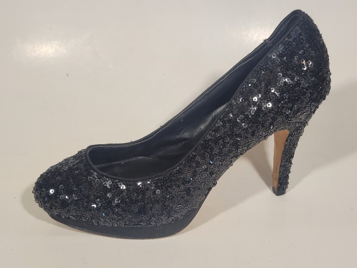 WHITE HOUSE BLACK MARKET Womens M Sequin Black Stiletto Pump Heels  Leather