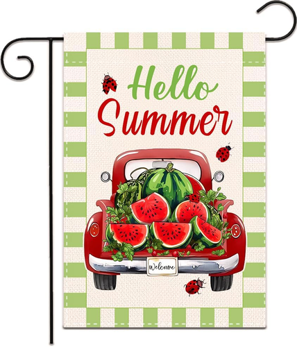 Hello Summer Watermelon Garden Flag 12X18 Inch Double Sided Linen Holiday Season