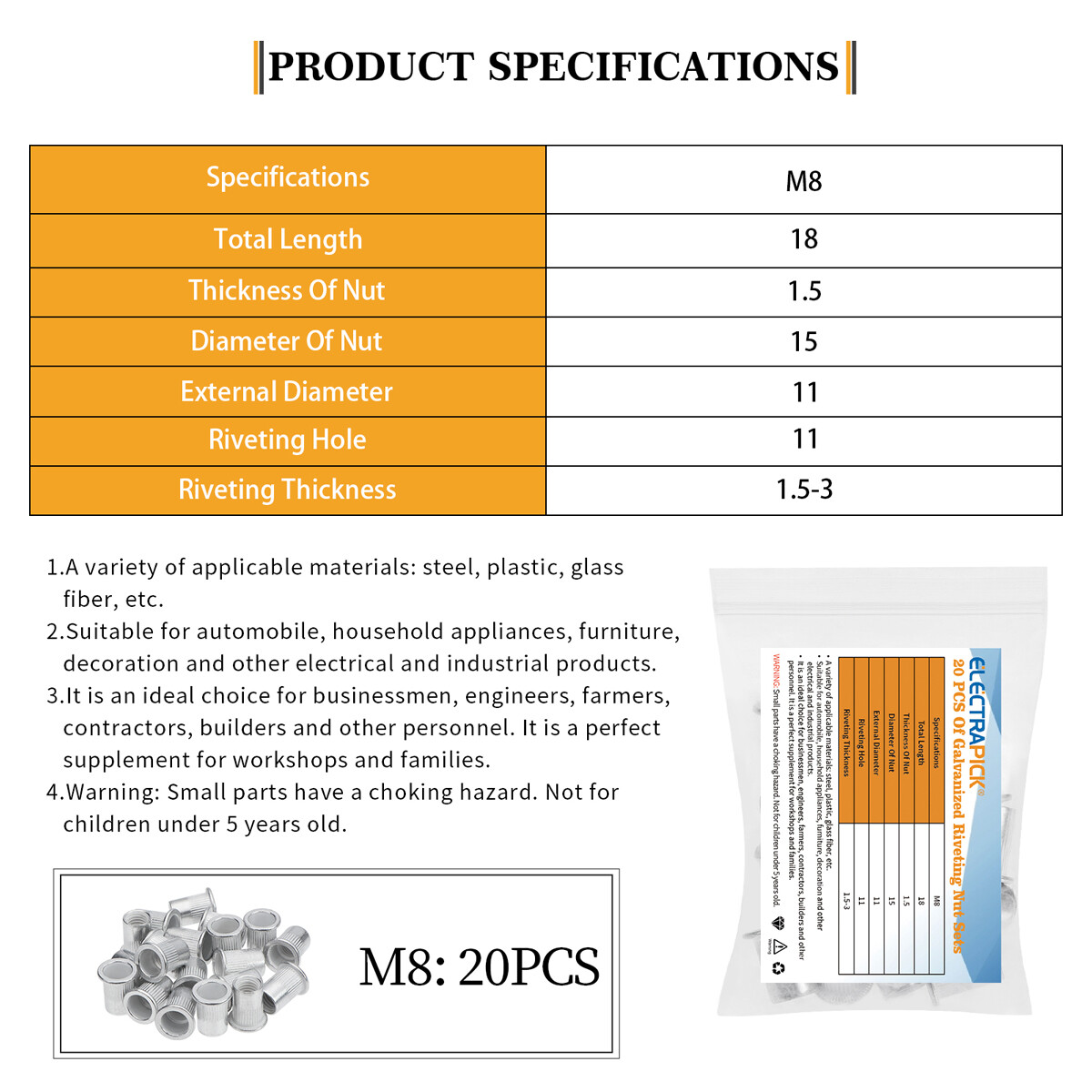 20Pcs Aluminum Flat Head Flange Nutserts Threaded Rivet Nut Rivnut Nutsert M8