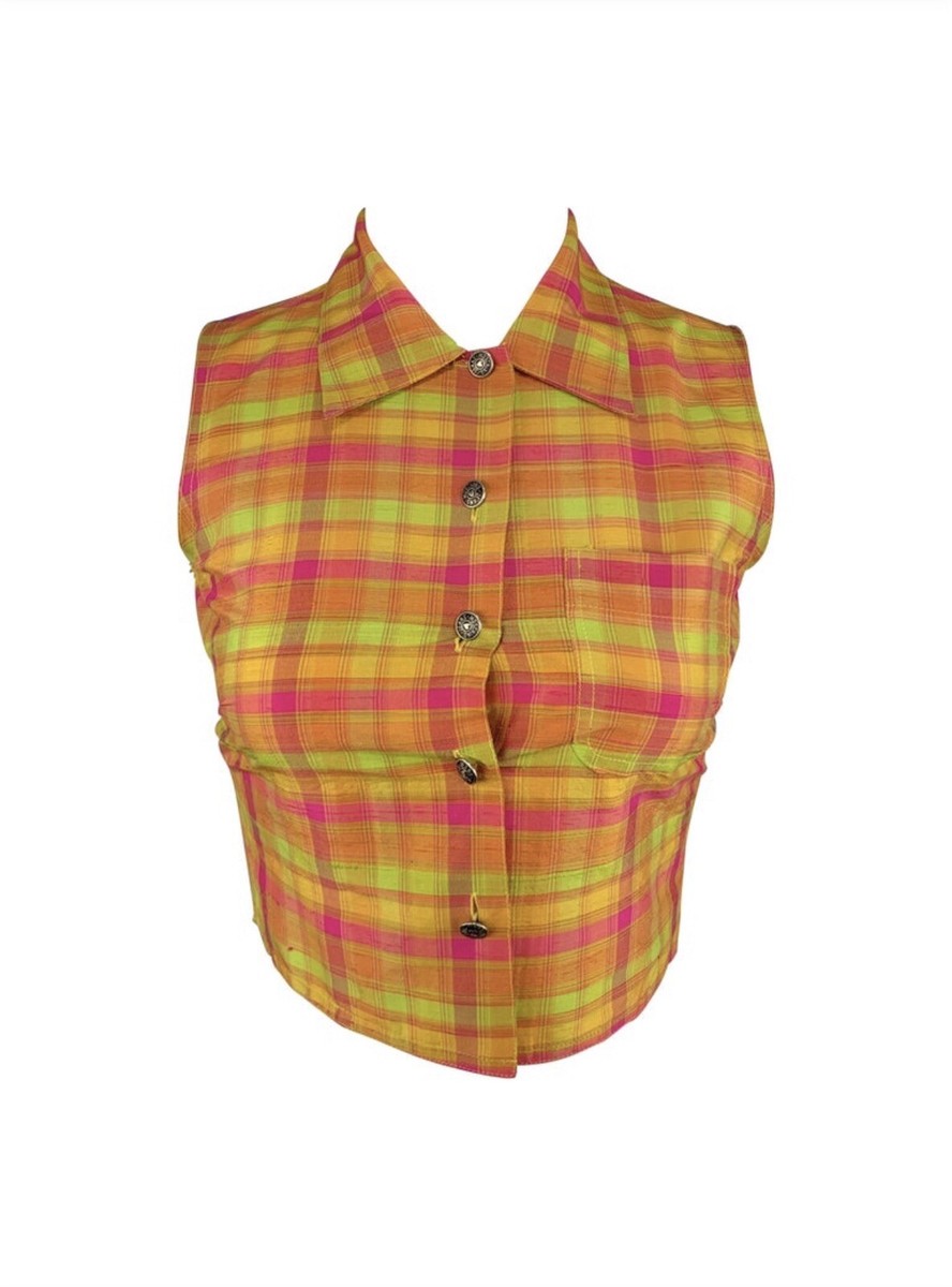 MALLONI 売れ筋商品|||マローニ シャツ トップス レディース Shirts Beige MOSCHINO JEANS Cropped Shirt Top Orange Pink Plaid Check 100