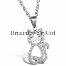 Charm Lovely Women Stainless Steel Cat Pendant Chain Necklace With Rhinestone