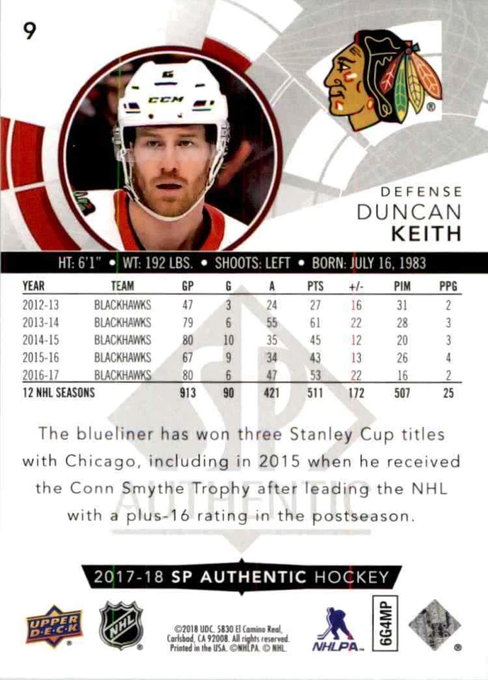 2017-18 upper deck SP Authentic Duncan Keith #9 - Image 2 of 2