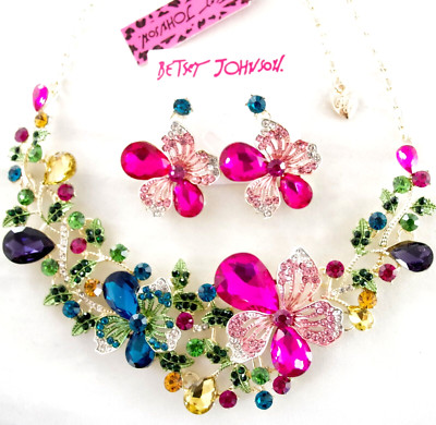 NEW BETSEY JOHNSON MULTICOLOR CRYSTAL FLORAL NECKLACE FLOWER DROP EARRINGS SET
