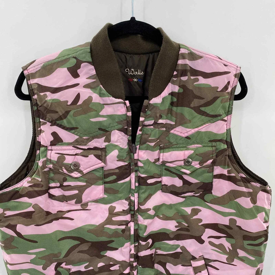 Walls Reversible Hunting Camo Vest Women Large Pink Brown Nylon Full Zip Pockets - Image 2 of 4