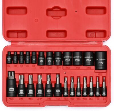 25 Piece Torx Bit and Socket Set 13 Star Bits T8- T60 & 12 E-Torx Sockets E4-E22