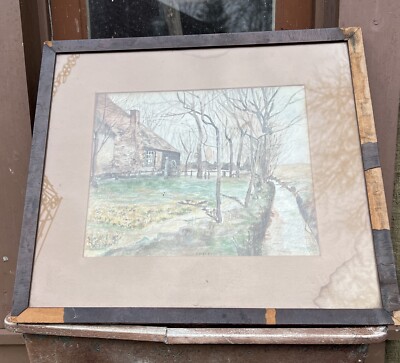 1912 Watercolor Painting Country Home  E.Isenberg  11  E.Isenberg PA Folk Artist