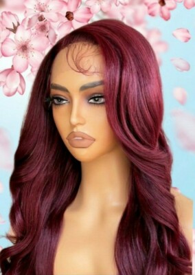 Burgundy WINE Red Wig HD Front Lace Human Hair Blend Highlights  Wavy Curly 