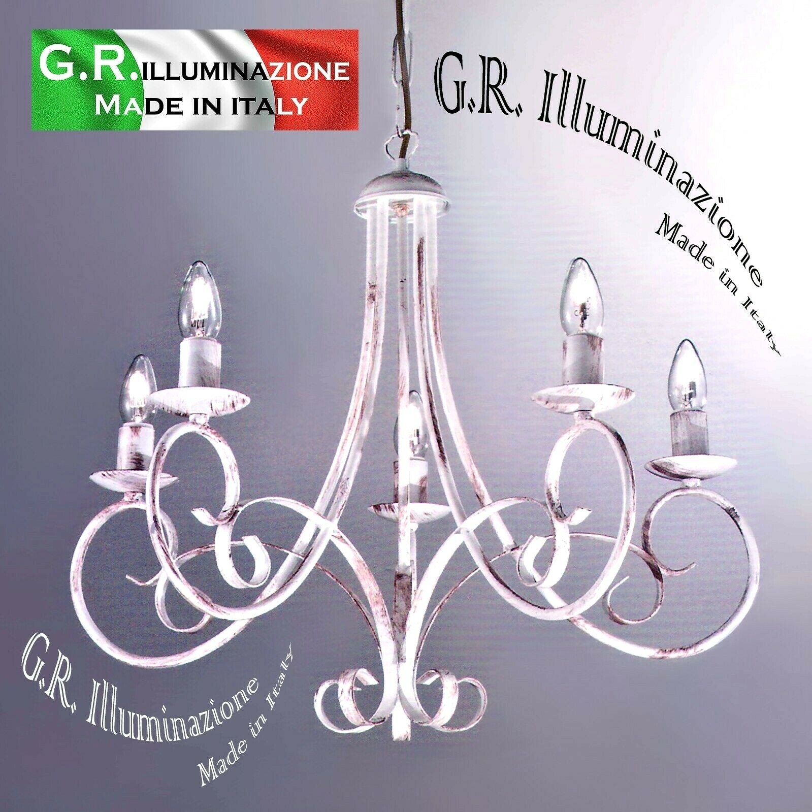 Lampadario Rustico Milly 5 Luci Bianco - Ferro Battuto per Taverna