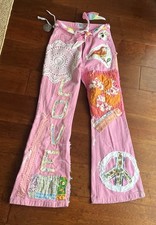 Artsy Upcycled Size 8 Pink Flare Hippie Jeans Patchwork Pearl Woodstock 7 Pocket