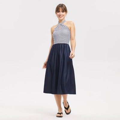 Women Mixed Fabric Tie-Back Midi Dress - Universal Thread Navy Blue Striped
