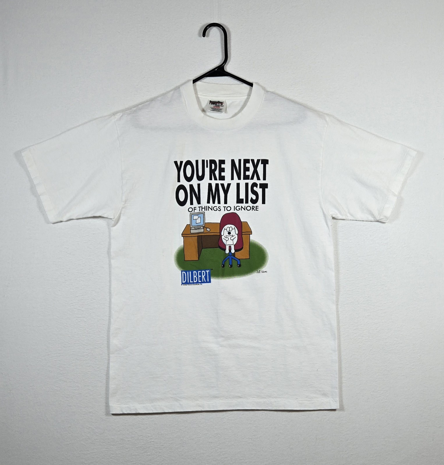 Vintage 90s Dilbert Comic T Shirt Mens Sz. L White Comic Funny Cartoon USA