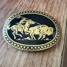Southwestern Native American Hunting Buffalo Scene Belt Buckle by ADM 24K GP