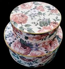 Vintage Round Nesting Hat Boxes with Lids Rope Handles, Floral, Collectible