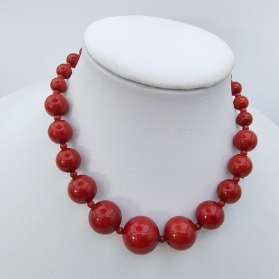 Red Bubblegum Bead Statement Necklace Chunky Graduated Bold Retro Color Pop