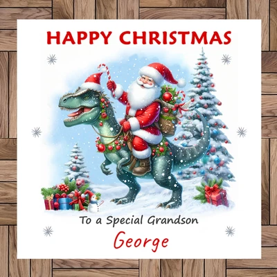 GB GIFT DESIGNS Personalised Dinosaur Christmas Card, Santa Riding A T-Rex Any Relative & Name