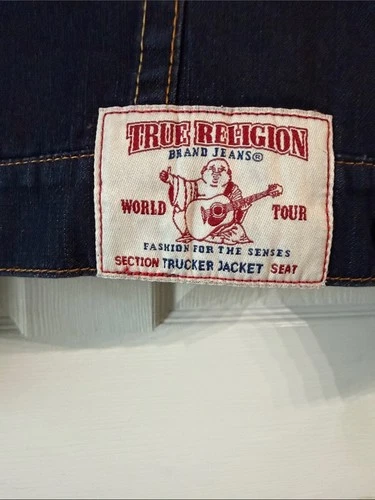True Religion Navy Denim Jacket with Cream Sherpa Collar image 4