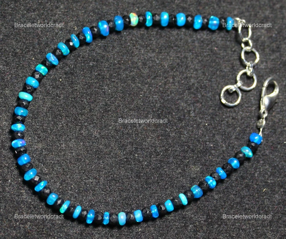 Pulseira corrente turmalina preta pedra preciosa opala etíope Rondelle prata esterlina - Imagem 4 de 4