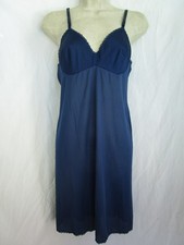 Vtg 1970s MCM Full Dress Slip Vanity Fair Navy Blue Lace Nylon Nightgown 36 S
