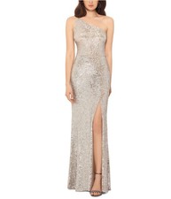 XSCAPE Womens Sequined Slit One Shoulder A-line Dress, ltbeige, Petite, 6P