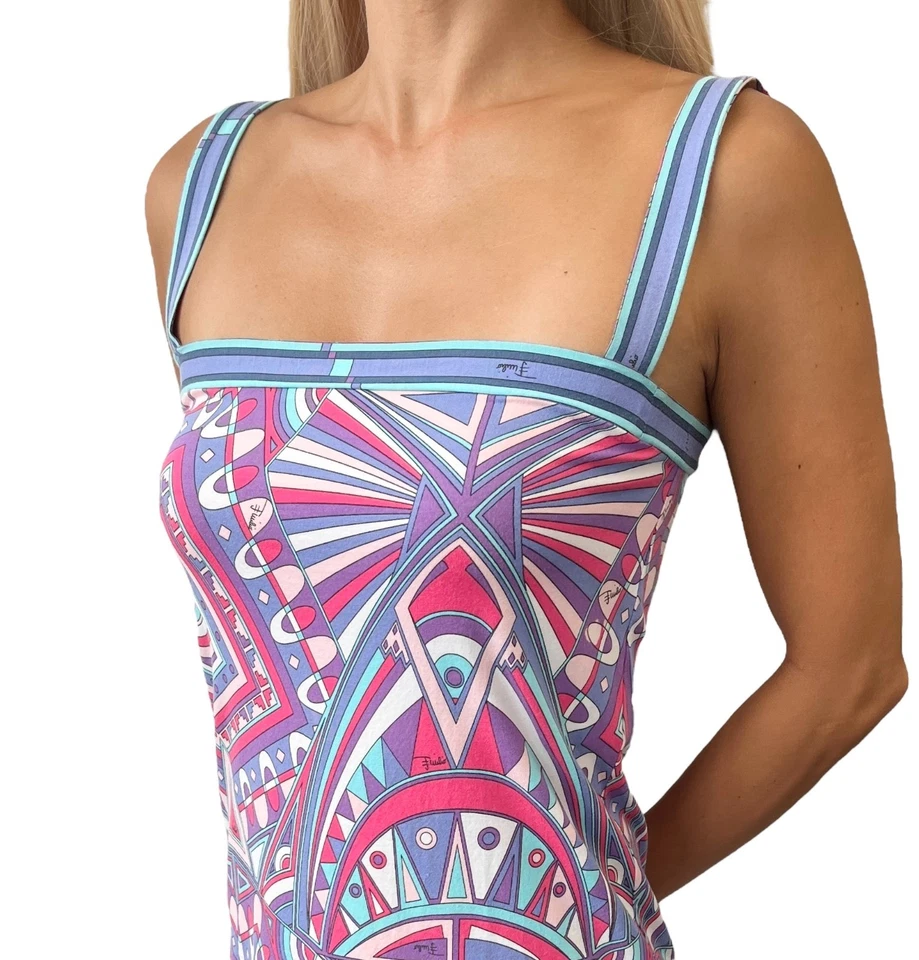EMILIO PUCCI Vintage Logo Vivara Multicolor Camisole Dress #38 Blue Cotton - Image 2 of 4