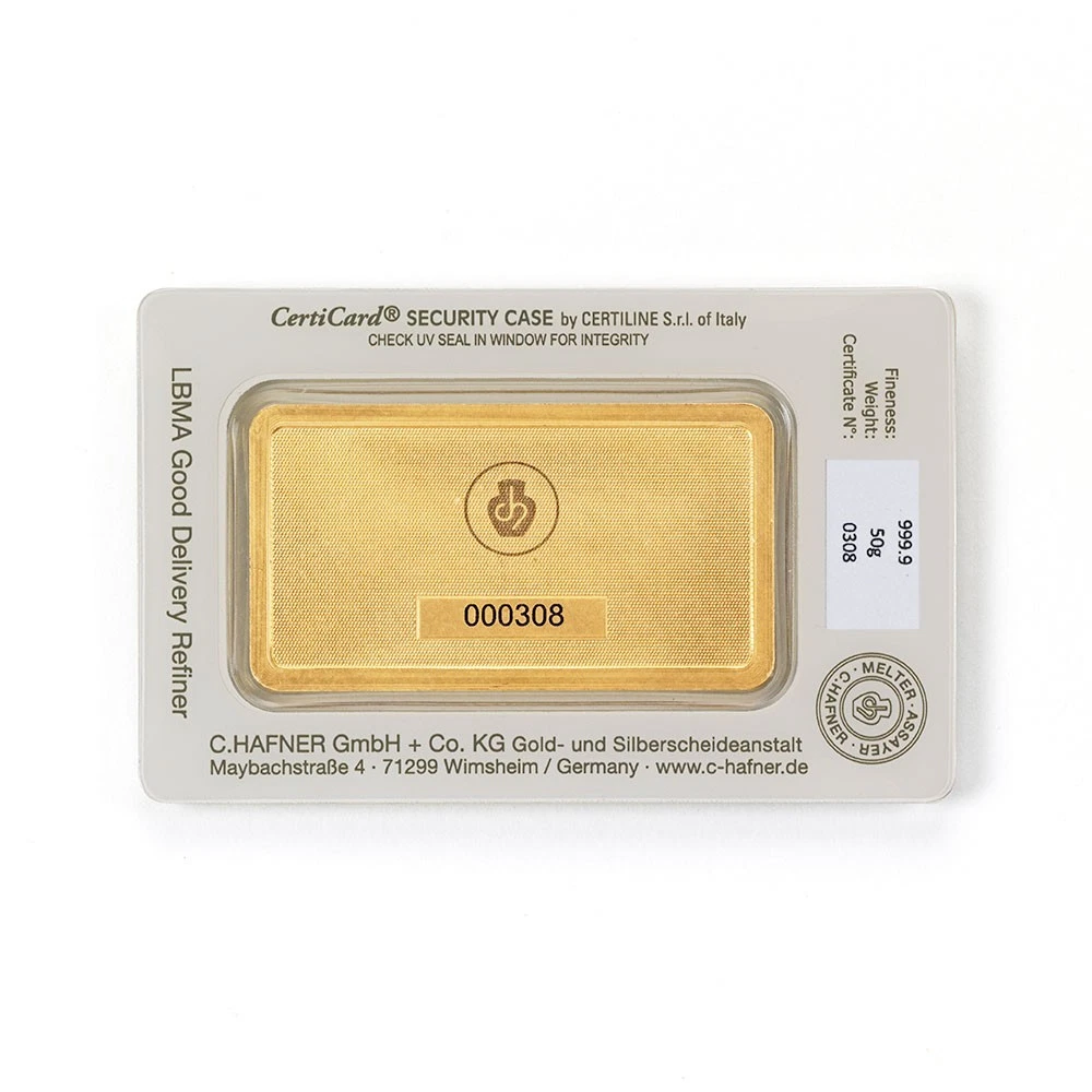 50 g Goldbarren Feingold 999,9 – C. Hafner – zertifiziert & versiegelt