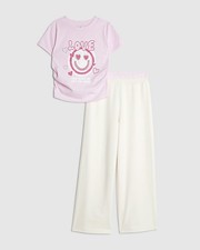 River Island Girls T-Shirt & Trousers Set Cream 2 Piece Love Smiley Face