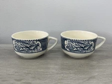 2 Currier and Ives Blue & White Coffee/Tea Cups Horse & Carriage Early Winter
