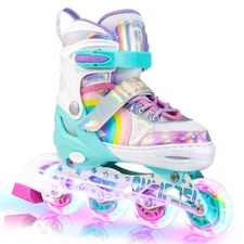 Rainbow Unicorn Inline Skates for Girls Boys 4 Size Adjustable Light up Wheel...