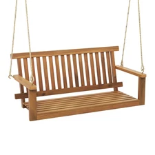 2-Seat Porch Swing Bench Acacia Wood Chair w/ 2 Hanging Hemp Ropes for Backyard