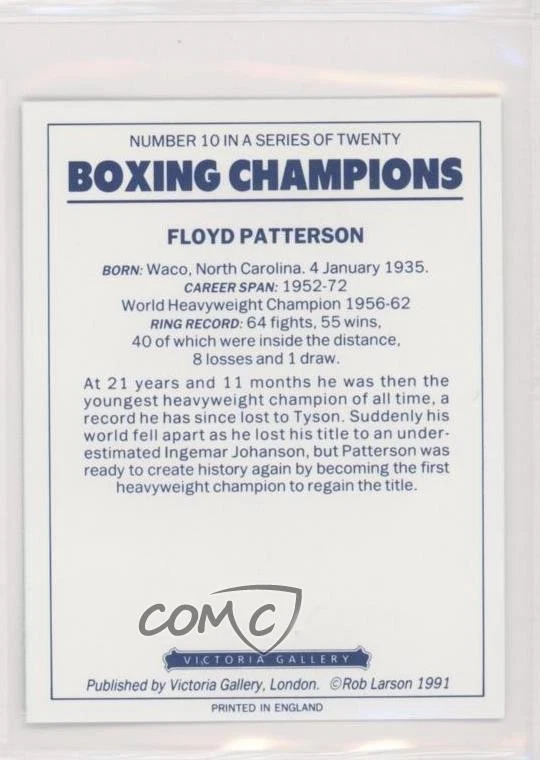 1991 Victoria Gallery Boxing Champions Heavyweights Blue Back Floyd Patterson - Image 2 of 2