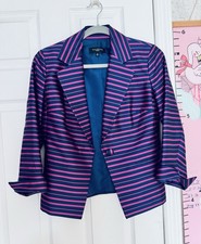 Talbots Petite Size 4 Silk Cotton Blazer Stripped Pink Blue One Button