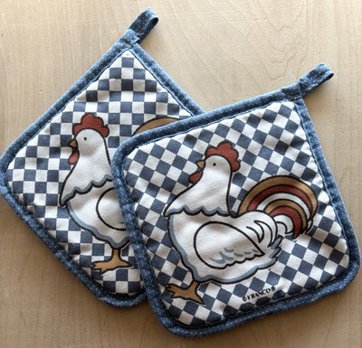 Vtg 1980s Franco Rooster Pot Holder LOT of 2 Blue Check Granny Cottagecore