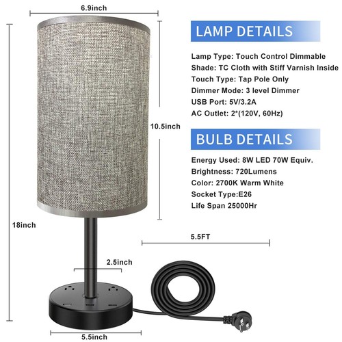 USB Table Lamp,Touch Control Desk Lamp with 3 USB Charging Ports & 2 AC Outle... - Picture 3 of 8