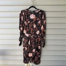 Zara Floral Print Midi Dress Ruched Long Sleeve Open Back Black Women's Size S