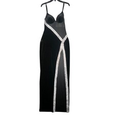 Windsor Black Velvet Mesh Rhinestone High Slit Formal Gown Dress Large