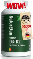 Vitamin D3 K2, Hochdosiert, 20.000 Ie + Vitamin K2 MK7, 200 Mcg Pro Dosis, 180 V