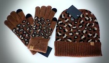 Womens Leopard Print Cuffed Beanie Hat Gloves Set Knit Winter Gift Set Animal