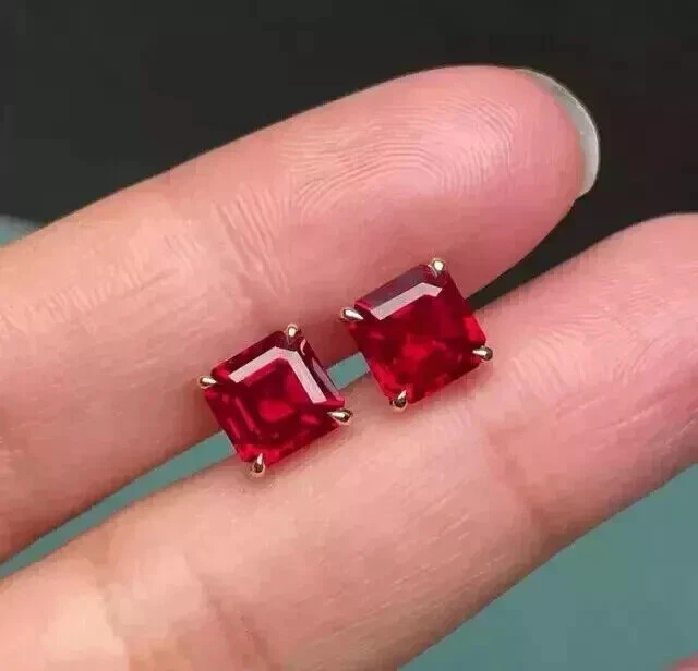 Lab-Created Ruby 3.00Ct Asscher Cut Women Earring's Stud 14K Yellow Gold Plated - Image 2 of 4