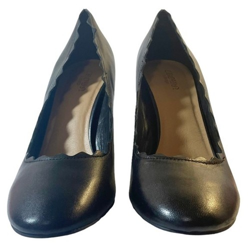 Crown Vintage Willow Black Leather Retro Scalloped Block Heel Pump Womens Size 9 - Picture 15 of 16