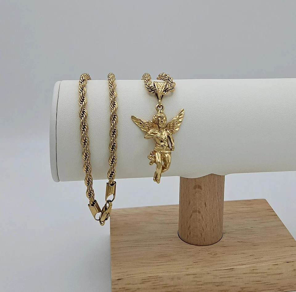 Ángel de tamaño mediano dorado, chapado en oro pesado de 14 k, cadena de cuerda de 4 mm para hombre Foto 4 de 4