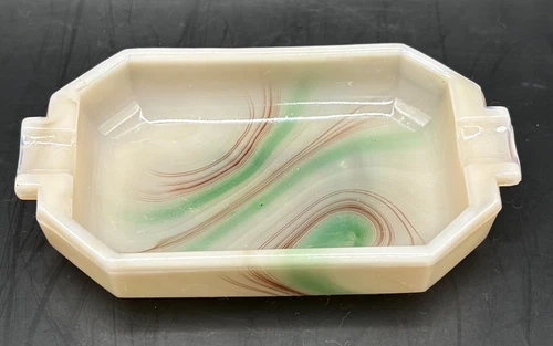 Vintage Akro Agate Oxblood & Mint Green Swirl Tab Ashtray 2” x 4” Slag Glass