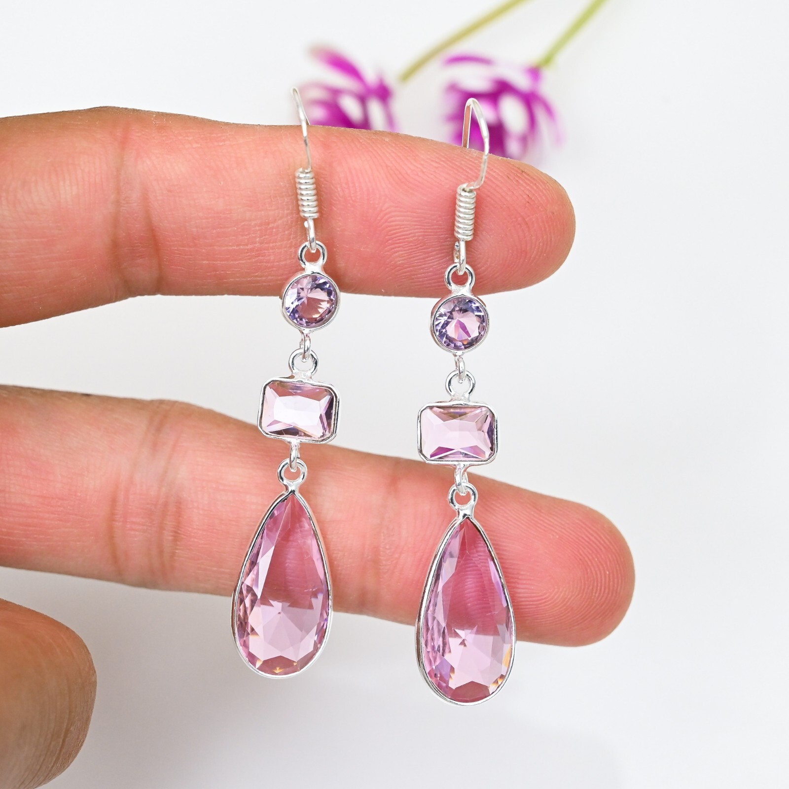 Pink Kunzite Gemstone 925 Sterling Silver Handmade Dangle Earring Jewelry Gift