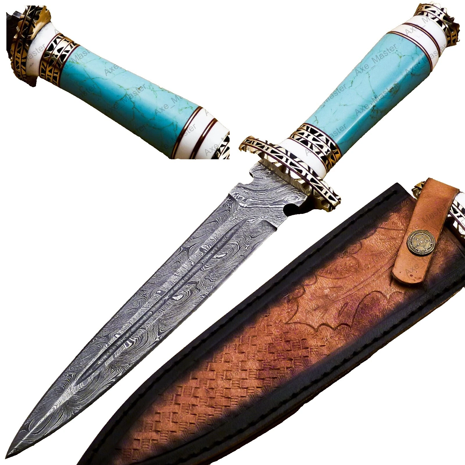 Hoja de acero de damasco Mango de Cuero bowies modernos de colección Cuchillos de Hoja Fija