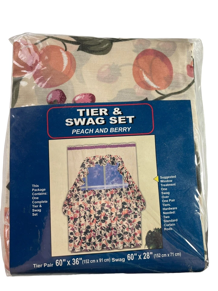"Juego de 3 cortinas de café vintage de melocotón y bayas de 60"" nuevo" Foto 2 de 4