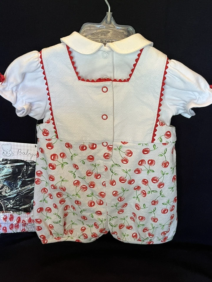 New Babyworks Cherry Cherries 3 Piece Summer Romper, Top & Headband Set Newborn - Image 2 of 4