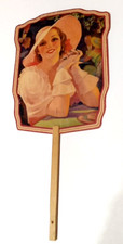 Vintage/Antique Paper Hand-held Paddle Fan Elegant Dressed-up Lady