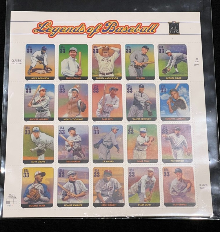 USPS 20 LEGENDS OF BASEBALL 33 CENT STAMPS Ruth Robinson Paige Gehrig Cobb Dean